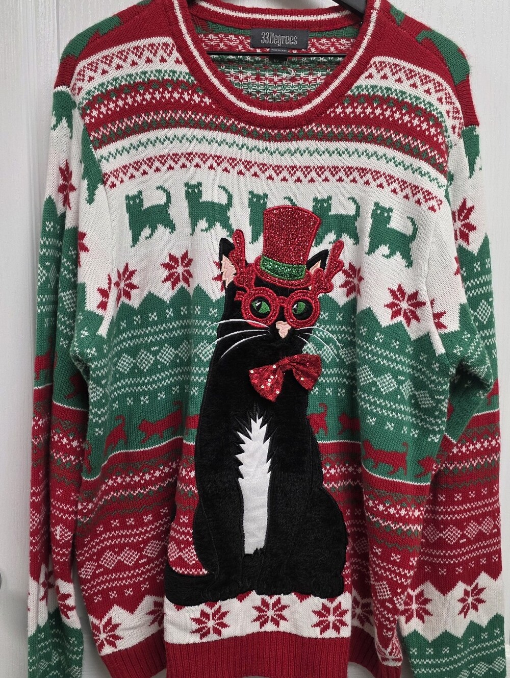 32 Degrees Black Cat Holiday Knit Ugly Christmas Sweater Size XXL
